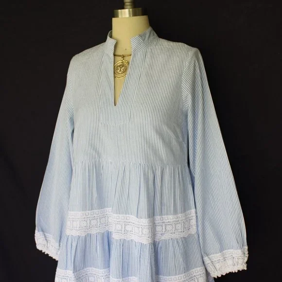 Sail to sable charlotte dress blue stripe Seersucker crochet lace tiered tunic - Picture 3 of 10